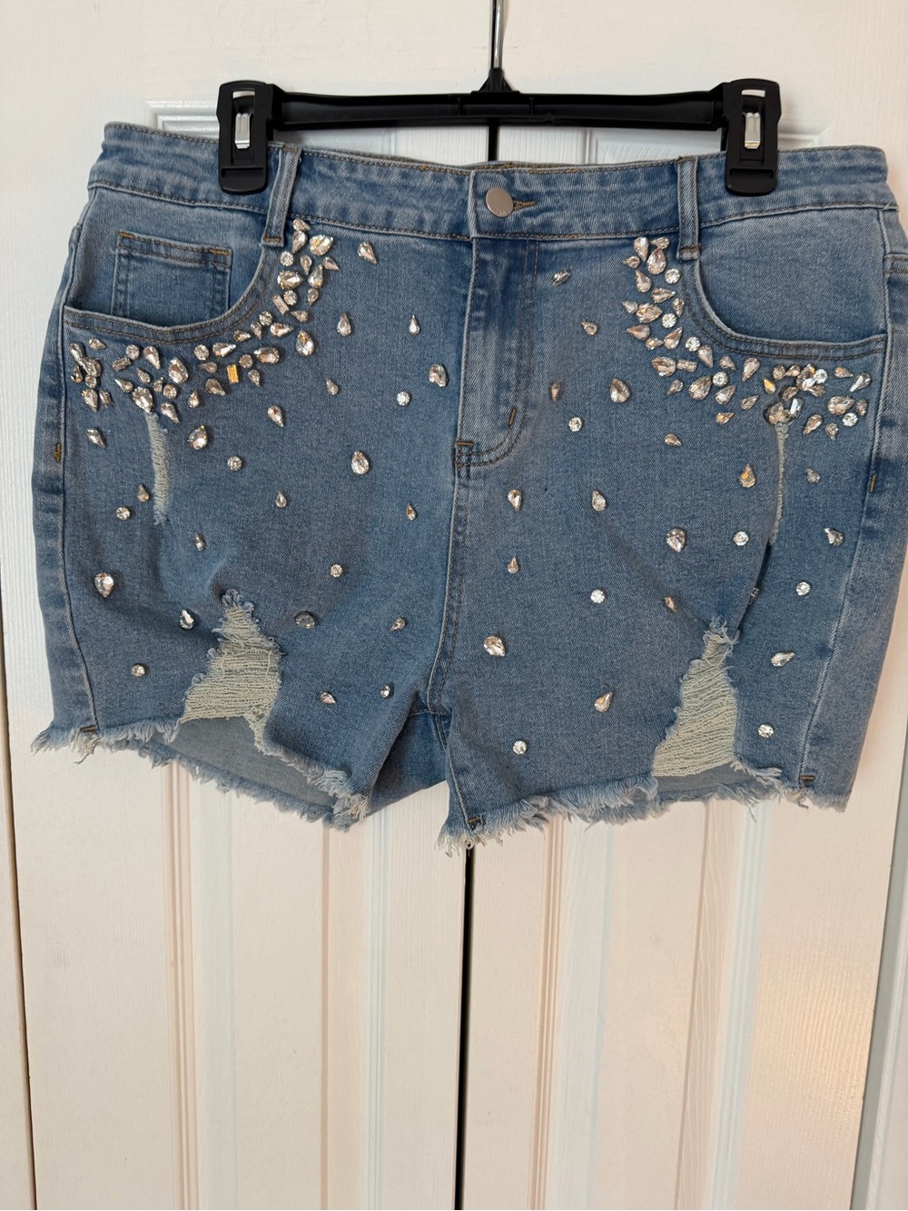 Denim Rhinestone Distressed Women’s Shorts - Light Blue
